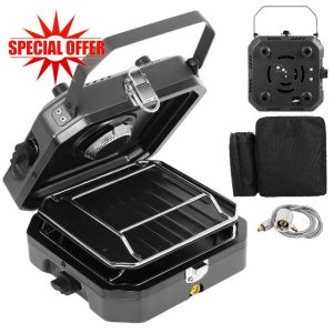 Adjustable 2 Burner Portable Camping Stove Propane (16000 BTU) with Camping Grill and Carrying Bag