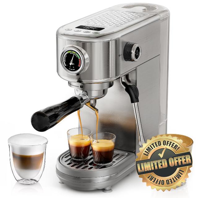 HIBREW H10B - 51mm Espresso Machine - Temperature & Cup Volume Adjustable at will - With Intelligent Display Screen & Pressure Gauge - Stainless Steel Body(Metallic Grey)