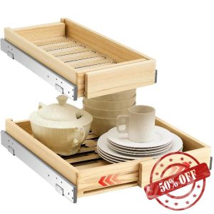 2 Set Expandable Pull out Tray Cabinet Organizer 20.8" deep Adjustable Width (12.2''-19.5'') Wooden Drawers Storage Adjustable Slide out Pantry Shelf for Base Kitchen Assembled Accessories