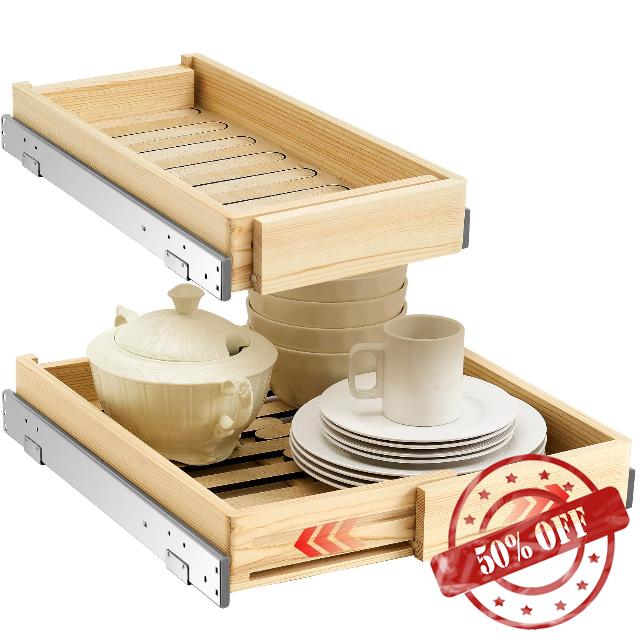 2 Set Expandable Pull out Tray Cabinet Organizer 20.8" deep Adjustable Width (12.2''-19.5'') Wooden Drawers Storage Adjustable Slide out Pantry Shelf for Base Kitchen Assembled Accessories