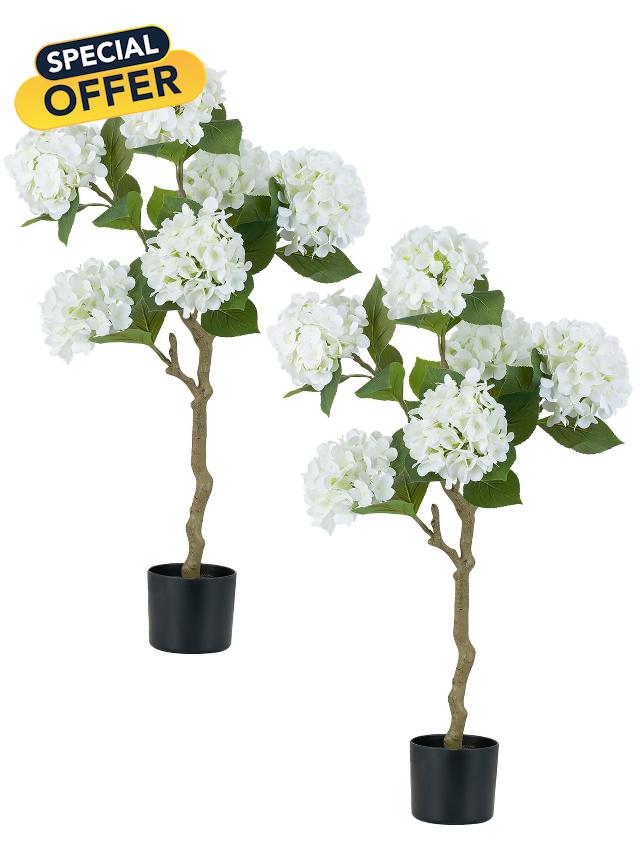 BLOSMON White Hydrangea Fake Tree: 2pc 39 Inch Artificial Silk Plants for Home Living Room Decor Indoor - Faux Hydrangeas with Pot for Front Door Porch Patio Entrance Decoration