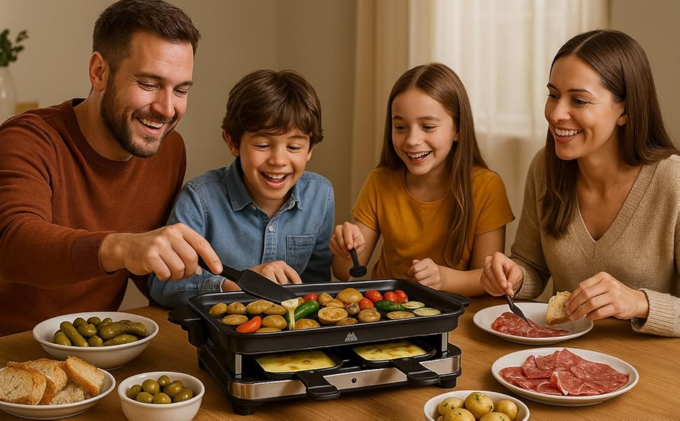 Family gathered around a table using the Maverstone raclette grill for an interactive meal.