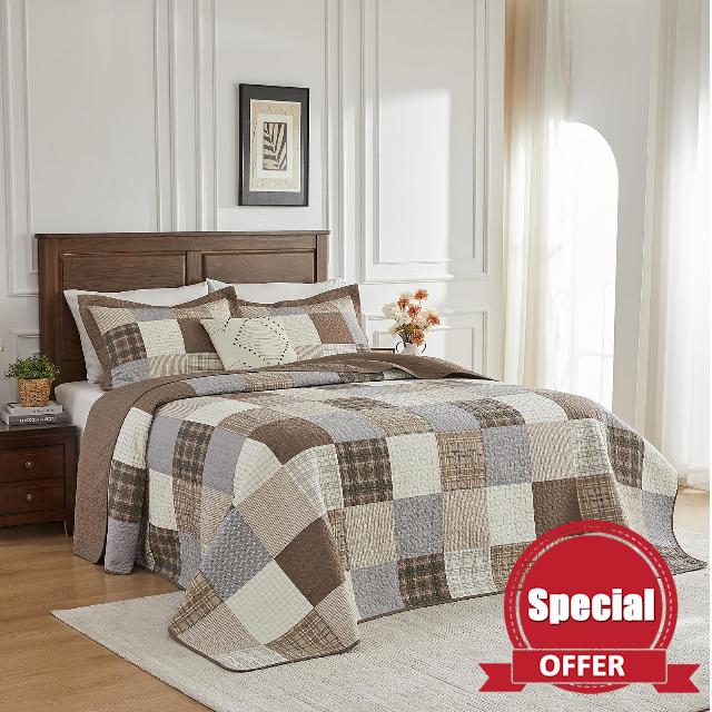 Quilta 100% Cotton Farmhouse Patchwork XL California King Size Bedspread - 128"x120" Cabin Quilt Bedding Set - Soft and Lightweight