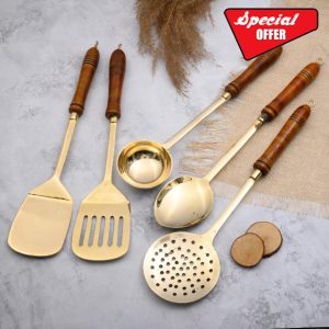 Pure Brass Non Sticky Serving & Coocking Ladle Spoon Stainer – Brass Kitchen Tools करछुल/Spoon for Vegitable Salad Soup & More by Raj Gharana Metals