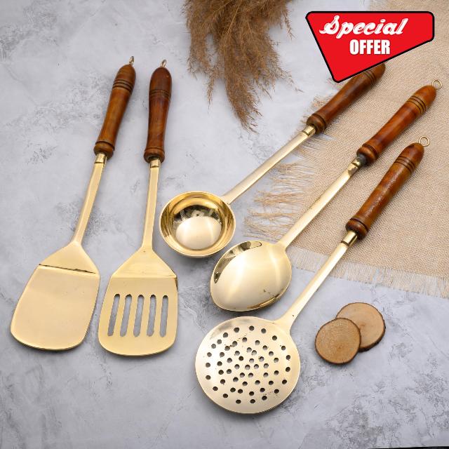 Pure Brass Non Sticky Serving & Coocking Ladle Spoon Stainer – Brass Kitchen Tools करछुल/Spoon for Vegitable Salad Soup & More by Raj Gharana Metals