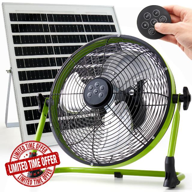 12" Solar Powered Fan - 15000mAh Rechargeable Floor Fan with Remote