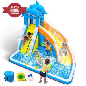 Culaluva Inflatable Water Slide for Kids: 5 in 1 Dolphin Blow up Bounce House - Splash Pool Cannon Climbing Wall Basketball Rim 480W Blower - for Backyard Outdoor Birthday Party