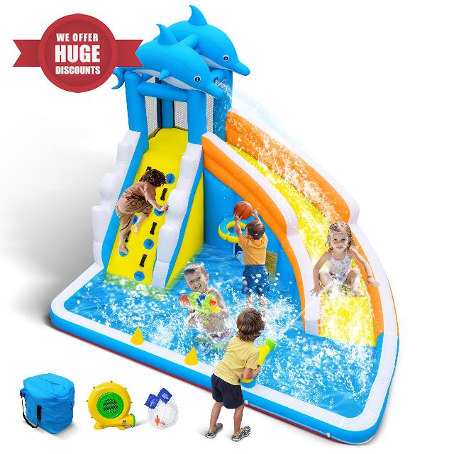 Culaluva Inflatable Water Slide for Kids: 5 in 1 Dolphin Blow up Bounce House - Splash Pool Cannon Climbing Wall Basketball Rim 480W Blower - for Backyard Outdoor Birthday Party