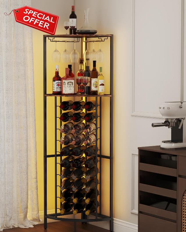 Baoz 30 Bottle Corner Wine Cabinet Corner Wine Rack with LED Light Liquor Cabinet Bar for Home with Wine Glass Rack Wine Rack Freestanding Floor for Living Room Dining Room Kitchen Home Bar