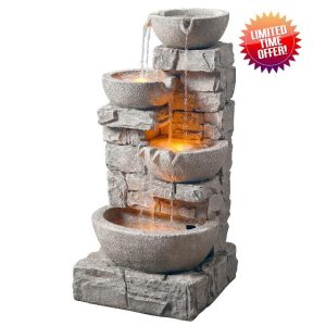 Teamson Home Water 4 Tiered Bowls Floor Stacked Stone Waterfall Fountain with LED Lights and Pump for Outdoor Patio Garden Backyard Decking Décor
