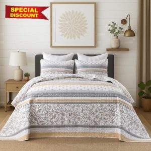 Bedduvit 100% Cotton 120"x128" Oversized California King Bedspread - Farmhouse Floral Striped Patchwork Extra Wide Quilted Quilt