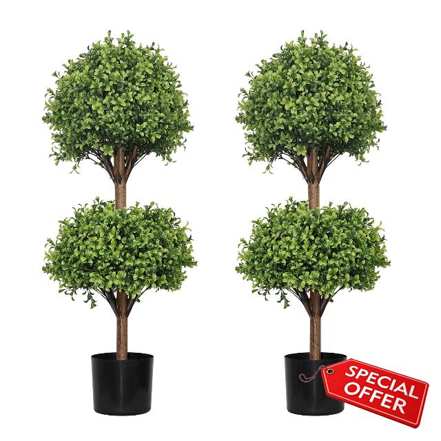 THE BLOOM TIMES 40 Inch Artificial Topiary Double Ball Boxwood Tree