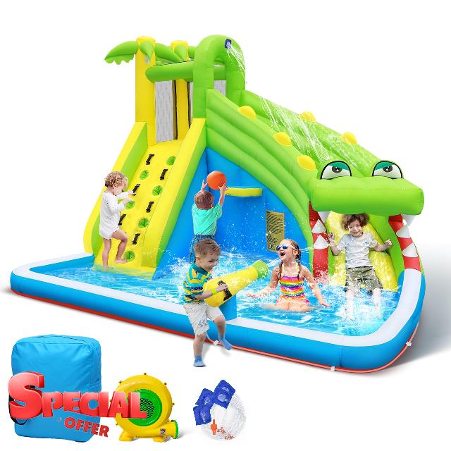 Culaluva Inflatable Water Slide: 5 in 1 Crocodile Blow up Bounce House for Kids - Splash Pool Cannon Climbing Wall Basketball Rim 480W Blower - for Backyard Outdoor Birthday Party