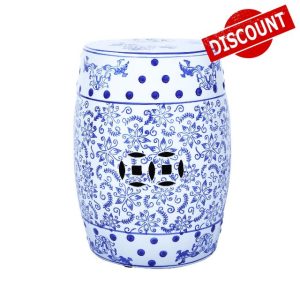 17.7" Chinese Double Coins Ceramic Garden Stool with Lattice Cutout