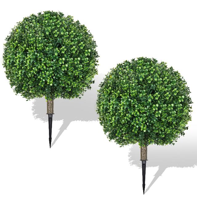 25.6" Artificial Boxwood Topiary Ball Trees: 2 Pack Fake Shrubs with Spike – UV Resistant & Fade Resistant Faux Bushes