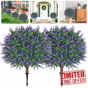 Artificial Boxwood Topiary Ball with Lavender 25.5" Set of 2 Topiary Trees Plants Artificial Outdoor Indoor UV Resistance Fake Shrubs with Ground Spike Fake Bush for Front Door Porch Garden Deocr