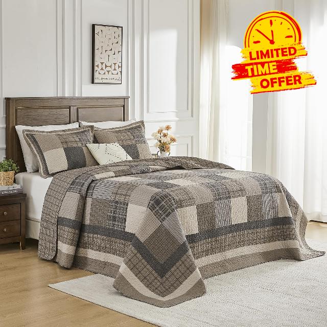 Oversized King Bedspread - 120" Lx128 W Extra Wide - 100% Cotton Lightweight Farmhouse Plaid California Quilt Sets - Reversible Super Bed Coverlet Set - Brown/Dark Brown/Gray