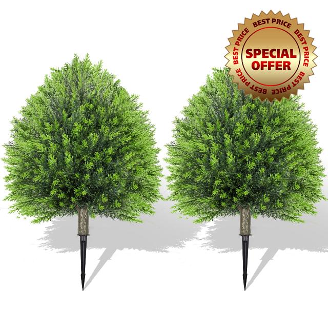 25.6" Artificial Cedar Topiary Ball Plants: Set of 2 Faux Cypress Bushes with Spike – UV Resistant & Fade Resistant Artificial Shrubs