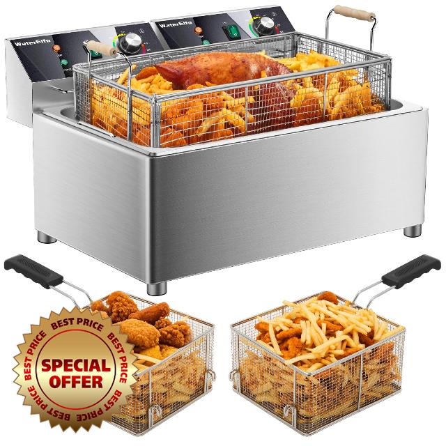 Commercial Deep Fryer with Basket 27.4Qt(26L) x 2 Dual Tank 3600W(1800Wx2) Precise Temperature Control & Timer 120V Countertop Fryer for Restaurant Stainless Steel Single Dual Cooking Modes