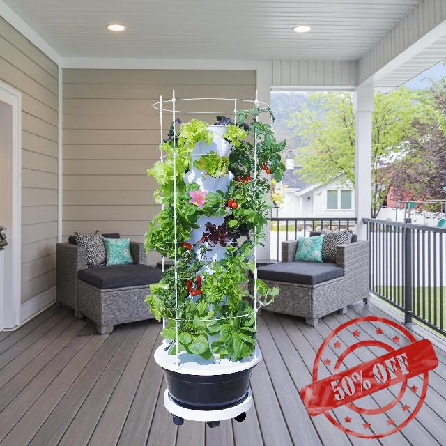Hydroponic Tower Growing System – 28 Plant Sites with Climbing Trellis