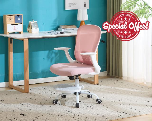 Kids Desk Chair Ergonomic Study Chair Swivel Mesh Desk Chair with Adjustable Arm Height Footrest Wheel Computer Home Office Chair for Children Boys Girls Students Bedroom School Age 5-13 Pink