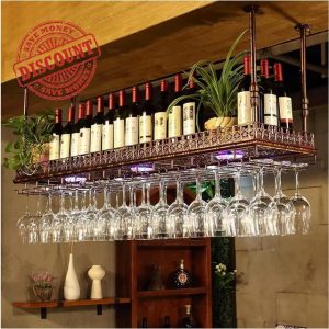 Upside Down Wine Rack Metal Iron Hanging Wine Glass Holder Ceiling Vintage Display Wine Storage Holder for Bars Restaurants Kitchens Cafe (Bronze 80cmx35cm)