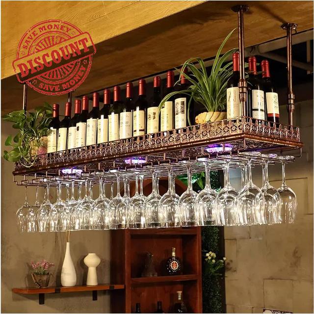 Upside Down Wine Rack Metal Iron Hanging Wine Glass Holder Ceiling Vintage Display Wine Storage Holder for Bars Restaurants Kitchens Cafe (Bronze 80cmx35cm)