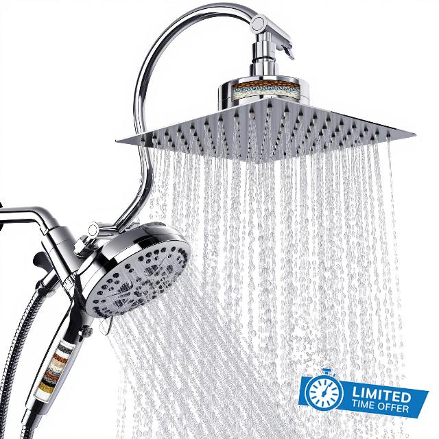 Dual Filtered Shower Head with Handheld and Magnetic - 8'' Square Rain Shower Head High Pressure with Handheld Combo