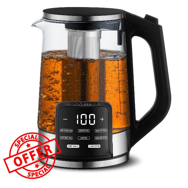 Gourmia GDK2365 Electric Programmable Kettle – 1.7L Glass Cordless Tea & Coffee Kettle with Touch Display