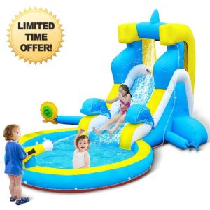 Culaluva Inflatable Water Slide: 4 in 1 Blow up Bounce House Dolphin Style for Kids 3-12 - Splash Pool Climbing Wall Cannon 370W Blower - Outdoor Backyard Birthday Party