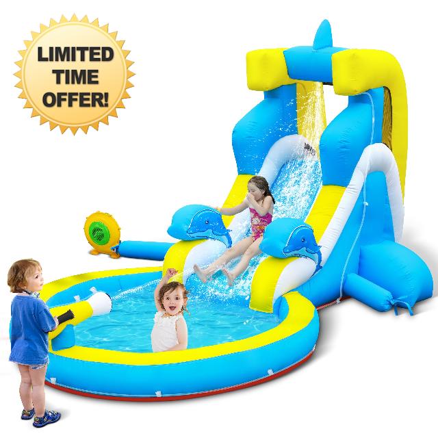 Culaluva Inflatable Water Slide: 4 in 1 Blow up Bounce House Dolphin Style for Kids 3-12 - Splash Pool Climbing Wall Cannon 370W Blower - Outdoor Backyard Birthday Party