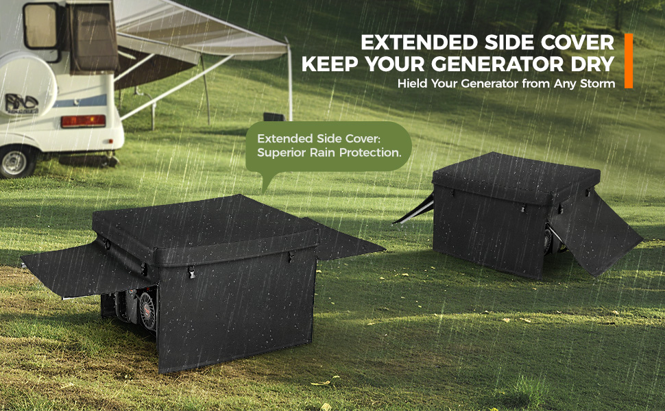 Generator running cover with extended side flaps shields from heavy rain outdoors.