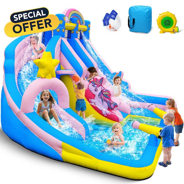 Culaluva Inflatable Water Slide: 6 in 1 Blow Up Bounce House for Kids 3-12 - Climbing Wall Splash Pool Cannon 2 Slides Basketball Rim - 550W Blower - for Backyard Outdoor Birthday