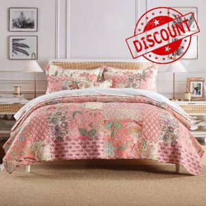 3 Pcs Cotton Floral Patchwork Quilted Bedding Set 1 Bedspread with 2 Pillow Shams Vintage Style Queen Size King Size (PinkFloral