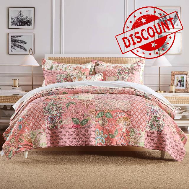 3 Pcs Cotton Floral Patchwork Quilted Bedding Set 1 Bedspread with 2 Pillow Shams Vintage Style Queen Size King Size (PinkFloral