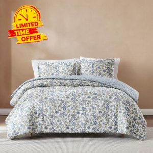 Lush Decor Lillian Block Print Reversible Comforter 3 Piece Set King/Cal King Blue & Sage - Floral Bedding Set - Blue Comforter - Vintage Decor