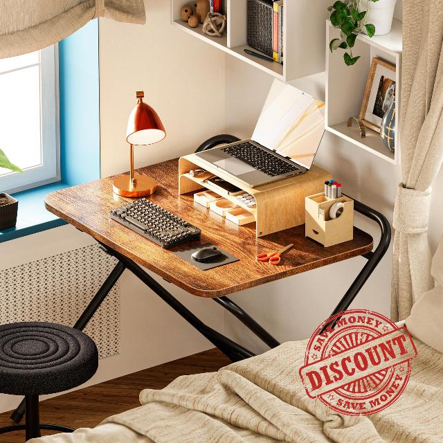 Huuger Folding Desk with 3-Level Adjustable Height and Tablet Slot