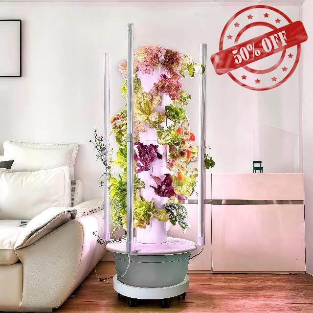Vertical Hydroponic Growing System Kit – 28 Plant Sites with LED Grow Lights