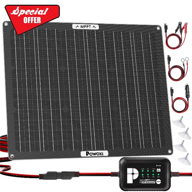 POWOXI 50W Solar Battery Charger: 12V Solar Car Battery Trickle Maintainer - with MPPT Controller Parameter Adjustable - for RV Boat Marine Motorcycle Trailer Truck Tractor - Solar Panel Kit