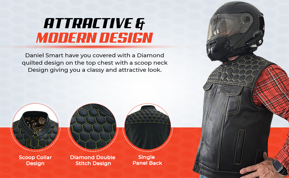 Daniel Smart Biker Vest Men Premium Cowhide Black Leather Motorcycle Vest Scoop Collar Design