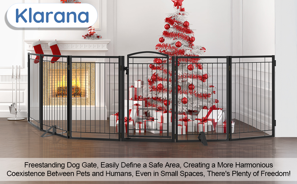 This metal freestanding dog door fences off the Christmas tree and Christmas gifts for protection