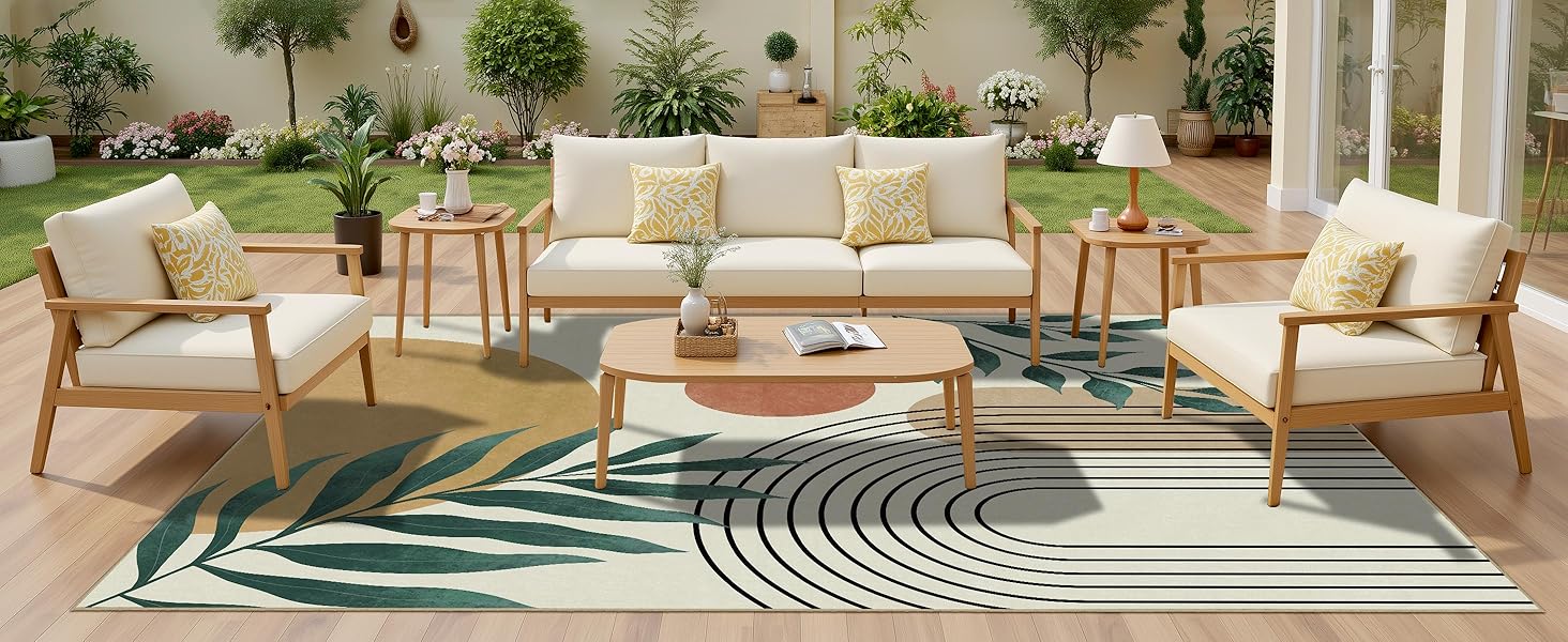 Washable Abstract Art Leaves Eucalyptus Sun Runway Outdoor Patio Rugs