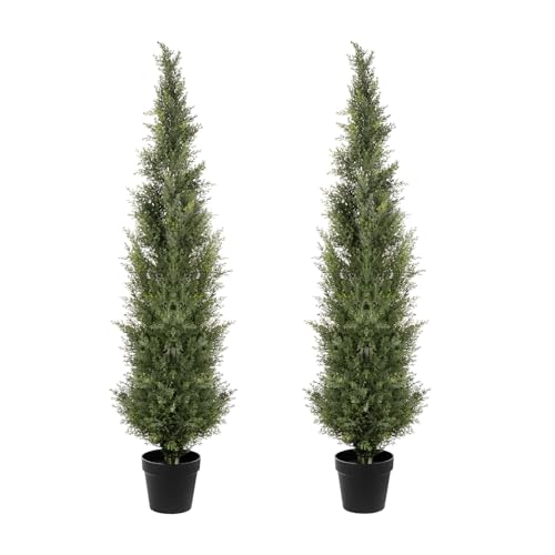 2Pack Lifelike UV Protected Faux Cedar Tree Fake Cypress Trees Evergreen Plants for Front Door Decor