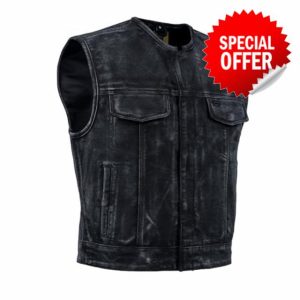 Daniel Smart Men’s Canvas Motorcycle Vest – Club Style Biker Low side Vest with inside Multi Pockets Riding Gear