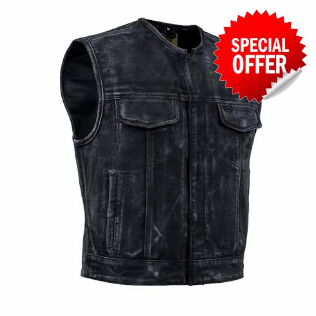 Daniel Smart Men’s Canvas Motorcycle Vest – Club Style Biker Low side Vest with inside Multi Pockets Riding Gear