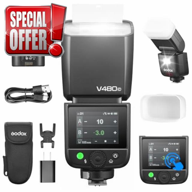 godox V480-C Flash for Canon Camera with Diffuser Touchscreen 10-Level Modeling Lamp TTL on Camera Flash 7.2 V/2200 mAh Rechargeable Battery GN50 1/8000 s High-Speed Sync 650 Full-Power Flashes