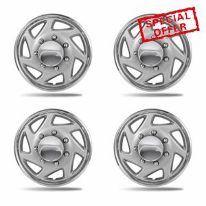 16in 8-Lug Wheel Covers for 1992-2014 Ford E150/E250/E350 Econoline & Clubwagon Vans | 1992-2025 Cutaway/Chassis Cab | Fits Factory Steel Wheels Only (4-Pack Chrome Edge & Mirror Center Caps ABS)