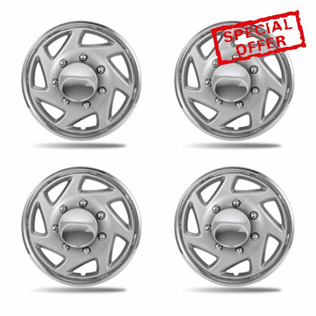 16in 8-Lug Wheel Covers for 1992-2014 Ford E150/E250/E350 Econoline & Clubwagon Vans | 1992-2025 Cutaway/Chassis Cab | Fits Factory Steel Wheels Only (4-Pack Chrome Edge & Mirror Center Caps ABS)