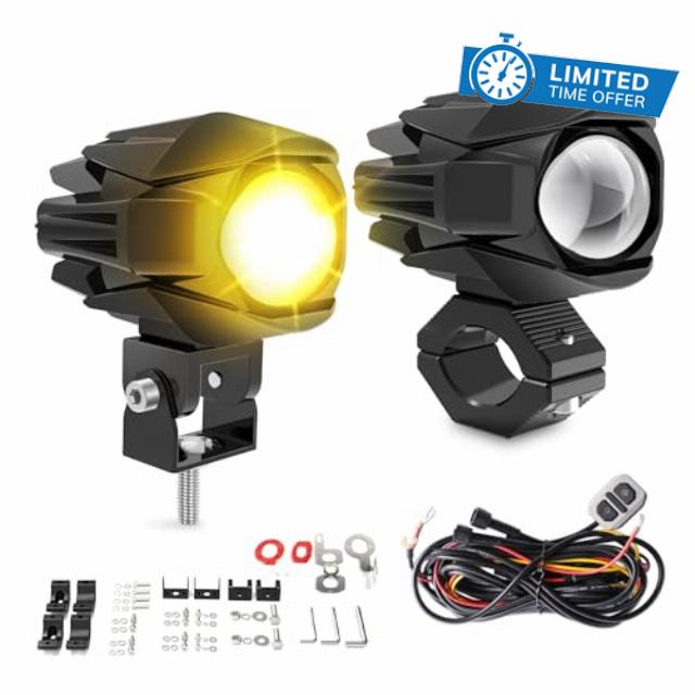 Motorcycle LED Fog Light 60W 20000LM Auxiliary Lights 7 Modes Amber White Light Combo with Waterproof Wire Harness Kit for Motorcycle GS Pan America Adventure
