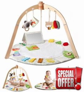 Wooden Baby Play Gym & Tummy Time Playmat – Montessori Sensory Activity Mat with 6 Developmental Toys for Fine Motor Skills – for Newborns to Toddlers (0–12M+)